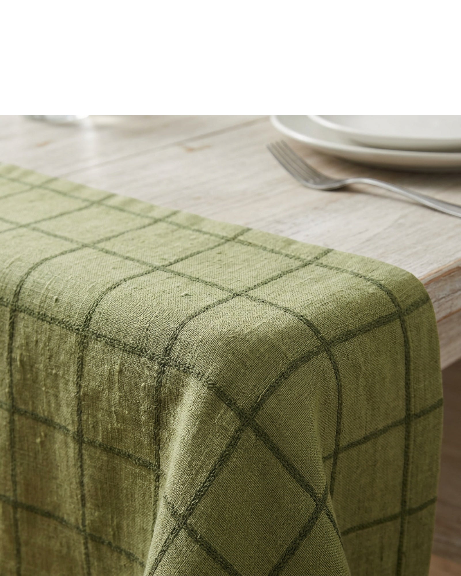 Pndwx Rectangular Cotton-Linen Windowpane Tablecloth Moss 140 x 220 cm - Detail view